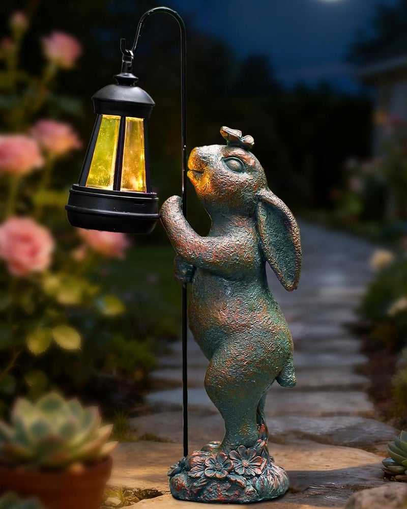 Pohabery Garden Statues Outdoor Bunny with Solar Lantern – Rabbit Yard Decor, Waterproof Resin Figurine Pathway Light for Lawn & Patio - Image 1